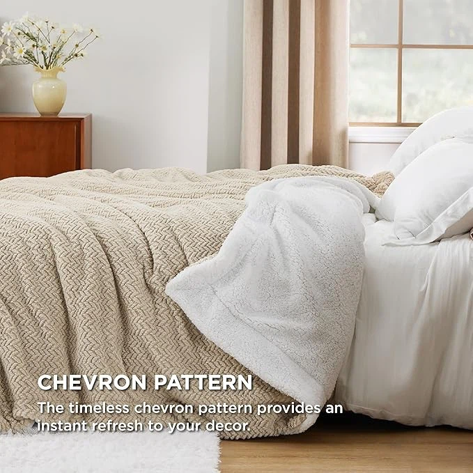 Beige Sherpa Fleece Throw Blanket - Herringbone Pattern best