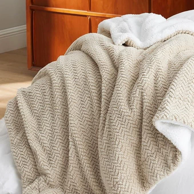 Beige Sherpa Fleece Throw Blanket - Herringbone Pattern high quality